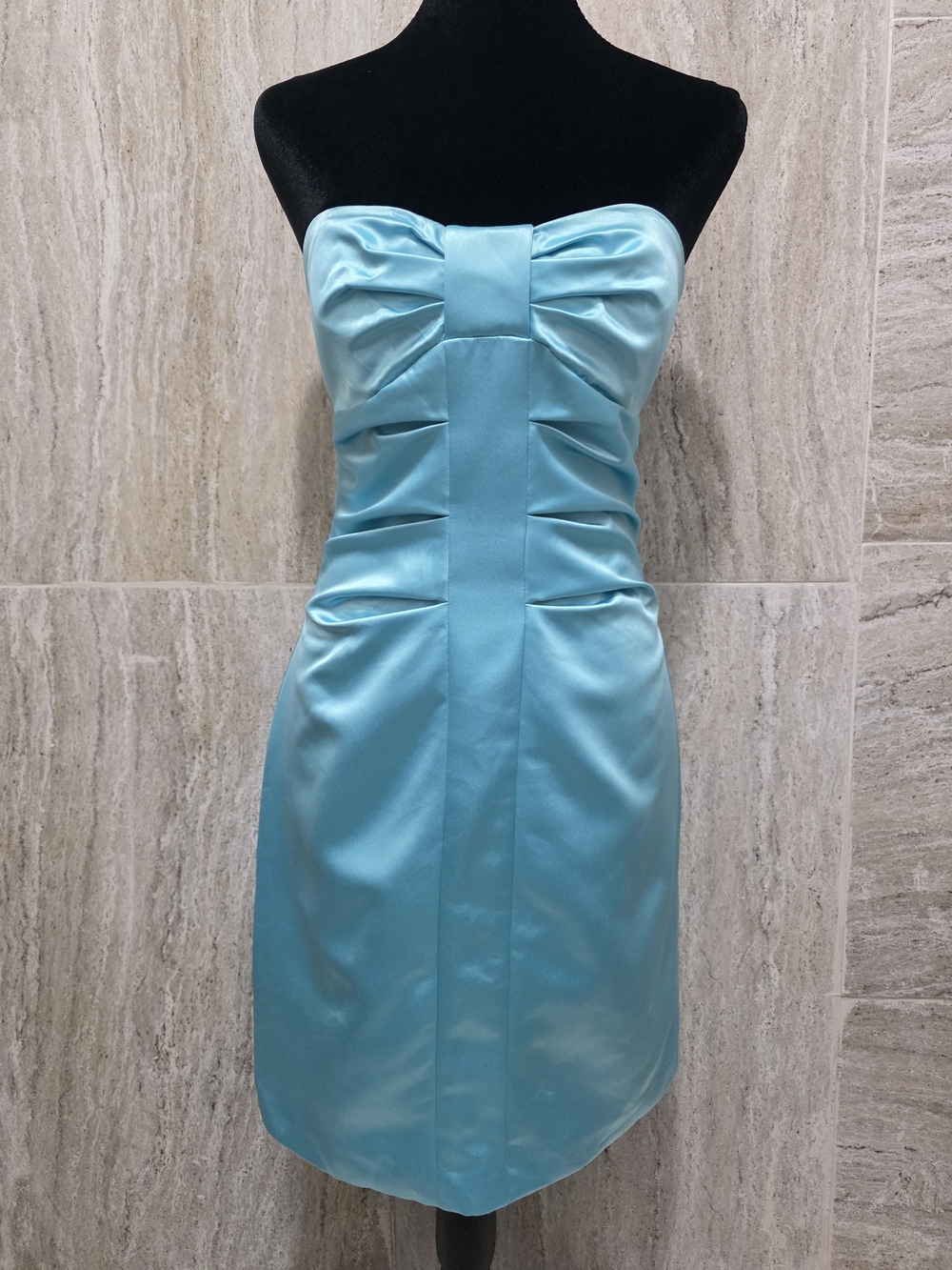 Max & Cleo Strapless Aqua Satin Sheath Dress